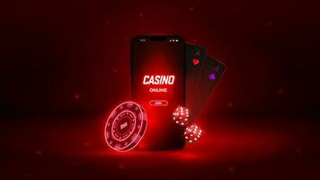 casino online, rood spandoek. gloeiend poker chips en spelen kaarten. online casino mobiel sollicitatie, reclame spandoek. vector illustratie