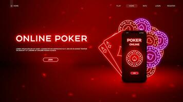 web banier online poker. poker casino met neon chips en spelen kaarten. vector illustratie