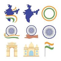 gelukkige dag van de onafhankelijkheid india, kaart vlag oriëntatiepunt beroemde monumenten wiel iconen set vector