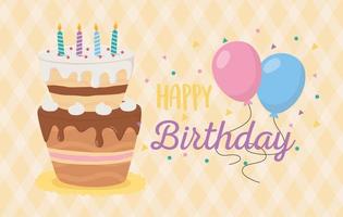 gelukkige verjaardag, cake kaarsen ballonnen viering geruite achtergrond vector