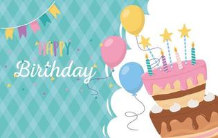 gelukkige verjaardag, wenskaart taart kaarsen ballonnen viering vector