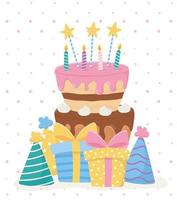 gelukkige verjaardag, cake kaarsen sterren geschenken hoeden feestviering vector
