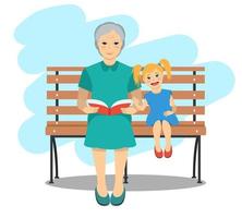 oma zittend op een bankje met kleindochter die het boek leest. rust en buiten stille tijd. vectorillustratie. vector