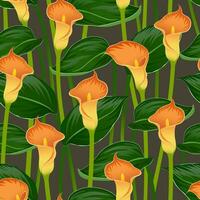 grijs bruin vector naadloos achtergrond met bloeiend oranje calla lelies