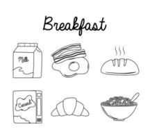 ontbijt iconen set, melk ei spek brood granen melk en croissant lijnstijl vector