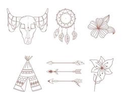 boho en tribal iconen set pijl tipi stier schedel dromenvanger en bloemen vector