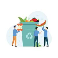 vrijwilligers brengen fruit en biologisch verspilling naar de compost bak vector