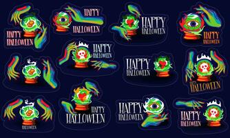 een reeks van halloween stickers Aan een donker achtergrond. een heks, een fortuin teller met een waarzeggerij bal en een voorspelling binnen. kleurrijk helder heks handen en voorspellingen van ogen, hart, geld, dood vector