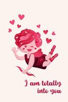 verticaal groet kaart voor Valentijn s dag met een Cupido. vector, tekenfilm stijl. kan worden gebruikt naar creëren oprecht en romantisch groeten naar uitdrukken liefde en genegenheid Aan de speciaal gelegenheid. vector