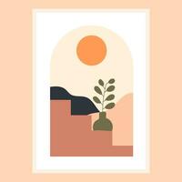 abstract hedendaags esthetisch achtergrond met woestijn landschap,vazen,zon. aarde tonen, verbrand oranje, terracotta kleuren. boho muur decor. midden eeuw modern minimalistische kunst afdrukken. vector