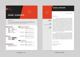 minimalistische CV hervat en Hoes brief ontwerp sjabloon. leerplan vitae schoon en Doorzichtig professioneel modern ontwerp. elegant minimalistische elementen en pictogrammen met rood en zwart kleur - vector sjabloon.