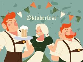 oktoberfest mannen en vrouw met traditioneel doek bier en banner wimpel vector design