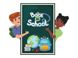 wit jongen en zwart meisje met duimen omhoog staand achter de schoolbord met de tekst terug naar school. school- benodigdheden Aan het. vector