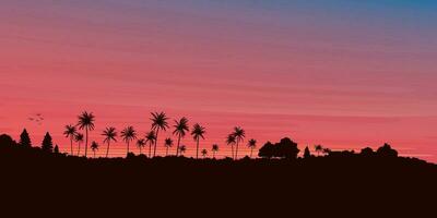 palm bomen Aan heuvel aftekenen zonsondergang vector illustratie met blanco ruimte Bij de lucht. eiland met dramatisch lucht achtergrond.