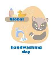 globaal handen wassen dag. ontwerp voor kinderen. kat reinigt en wast zijn poten vector