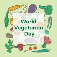 wereld vegetarisch dag kaart. groenten ronde samenstelling met natuurlijk gezond voedsel. kleurrijk hand- getrokken illustratie in tekenfilm stijl. vector