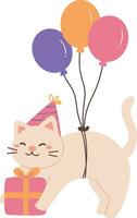 schattig kat met ballonnen . gelukkig verjaardag. schattig kat met geschenk doos vector