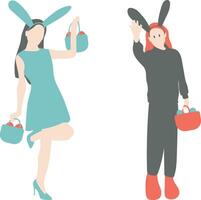 Pasen meisje met konijn oren en tas. vector illustratie in vlak stijl.