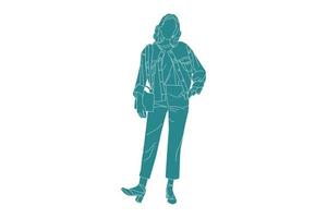 vectorillustratie van casual vrouw poseren, vlakke stijl met outline vector