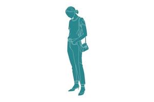 vectorillustratie van casual vrouw op de zijweg, vlakke stijl met outline vector