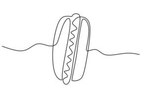 enkele ononderbroken lijn van een hotdog met worst. grote hotdog met worst in één lijnstijl geïsoleerd op een witte achtergrond. vector