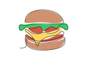 enkele ononderbroken lijn hamburger. grote hamburger fastfood in één lijnstijl geïsoleerd op een witte achtergrond. vector