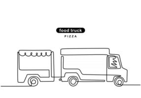 enkele doorlopende lijn van pizza-foodtruck. pizza vrachtwagen in één lijnstijl geïsoleerd op een witte achtergrond. vector