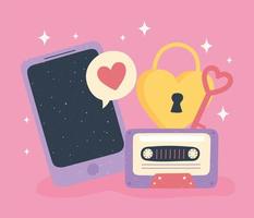 mobiele hangslotsleutel en cassette liefde en romantiek in cartoonstijl vector