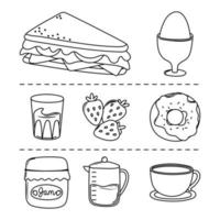 ontbijt iconen set, sandwich gekookt ei sap koffiepot en kopje lijnstijl vector