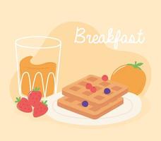 ontbijt wafel sinaasappelsap en aardbeien heerlijk eten cartoon vector
