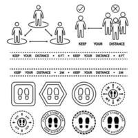 pictogram voor sociale afstand. sta hier teken. houd de 2 meter of 6 voet afstand. drukte vermijden. veilige afstand. apart gele tape waarschuwing. voetafdruk vloersticker, sta hier. schets vector