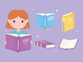 boeken meisje lezen boek en verschillende leerboeken leren cartoon vector