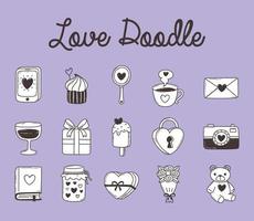 liefde doodle smartphone cupcake cadeau hangslot beer camera ijs en meer icoon collectie vector