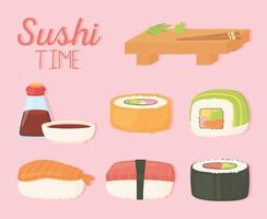 sushi tijd houten bord sojasaus in fles en rollen ontwerp vector