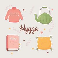 sweater theepot boek en kussen, cartoon hygge stijl vector