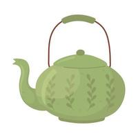 groene theepot keukengerei, cartoon hygge-stijl vector