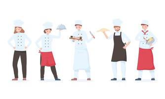 chef-personages set, cartoon restaurantpersoneel met dienblad en verschillende maaltijden vector