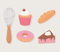 bakkerij pictogrammen cupcake brood cake donut en deegroller vector