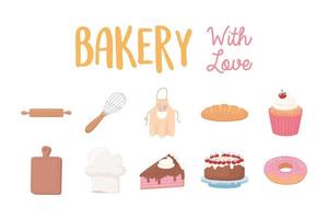 bakkerij met liefdespictogrammen donut cake cupcake brood en keukengerei vector