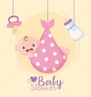 babyshower, wenskaart hangende kleine jongensfopspeen en flesmelk vector