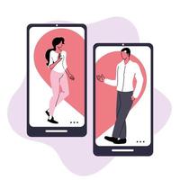 online dating, virtuele relatie en online liefde, jong stel mensen die elkaar online ontmoeten vector