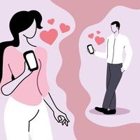 jong stel met smartphones aan het chatten, virtuele relaties en online dating vector