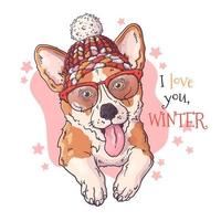 hand getekend portret van corgi hond in kerst accessoires vector. vector