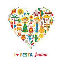 festa junina dorpsfestival in latijns-amerika. pictogrammen in hart vector