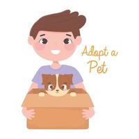 adopteer een huisdier, gelukkige jongen met puppy in de doos vector