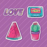pop-art element sticker icon set, watermeloen, cassette, cactus en liefde vector
