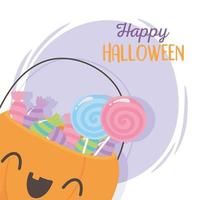 happy halloween, schattige pompoen met zoete snoepjes, trick or treat-feestviering vector