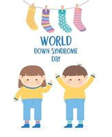 wereld down syndroom dag, gelukkige kinderen en hangende sokken decoratiekaart vector