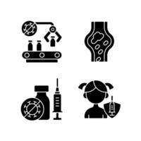 vaccinatie zwarte glyph pictogrammen instellen op witruimte. farmaceutische vervaardiging. productie en distributie van medicijnen. gezondheidszorg en medicijnen. silhouet symbolen. vector geïsoleerde illustratie