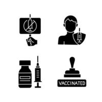 immunisatie tegen virus zwarte glyph pictogrammen ingesteld op witte ruimte. anti vaxxer protest. vaccinatie voor volwassenen. injectieflacon met spuit. gezondheidszorg en medicijnen. silhouet symbolen. vector geïsoleerde illustratie